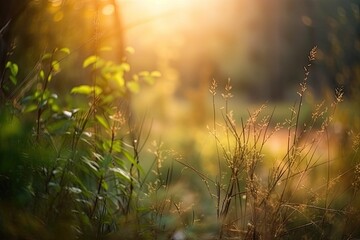 Obraz premium sunny day in a forest with trees and grass. Generative AI