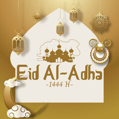 Greeting card on occasion Eid Muba, Arabic Islamic calligraphy of text Eid Mubarak for Muslim...