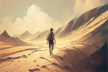Man trekking across sandy wilderness. Fantasy concept , Illustration painting. Generative AI