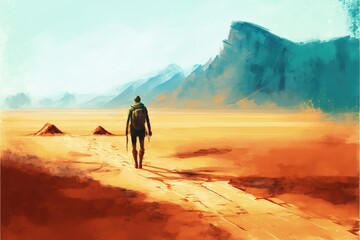 Man trekking across sandy wilderness. Fantasy concept , Illustration painting. Generative AI