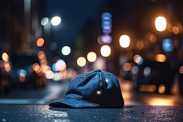 blue hat abandoned on the side of a deserted road. Generative AI