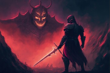 Fototapeta premium A fighter wielding a sword faces off against a flaming monster in the fiery depths of Hell. Fantasy concept , Illustration painting. Generative AI