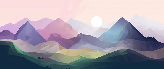Minimalistic illustration of a serene mountain peak landscape, with watercolor textures, colorful