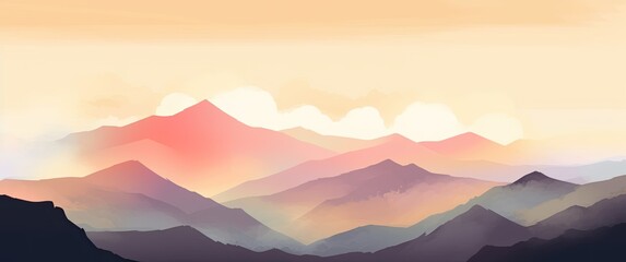 Minimalistic illustration of a serene mountain peak landscape, with watercolor textures, colorful