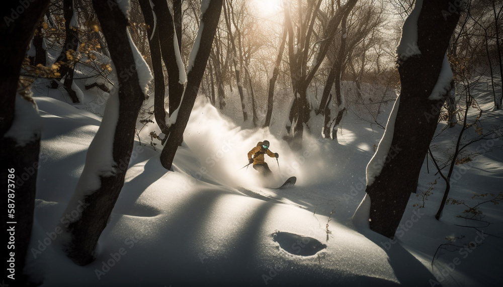 Poster One person exploring snowy forest on footpath generated by AI