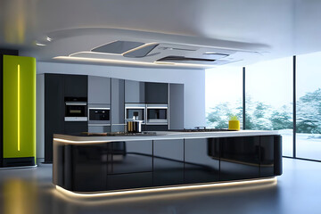 Fototapeta na wymiar Generative AI image of a futuristic modern kitchen concept. Kitchen is one of the important features for a home