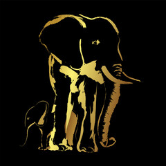 Golden border Elephant family Brushstroke art style over black background