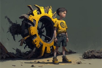 Young male observing damaged wheels made of gold. Fantasy concept , Illustration painting. Generative AI