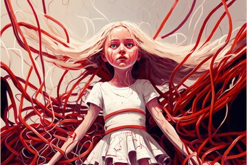 A girl dressed in white levitates amid numerous scarlet wires in an otherworldly setting. Fantasy concept , Illustration painting. Generative AI