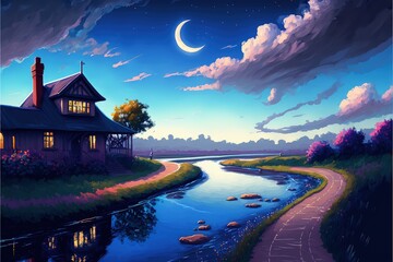 A picturesque waterway in a vibrant rural setting is set against a backdrop of ominous dark clouds and a crescent moon. Fantasy concept , Illustration painting. Generative AI