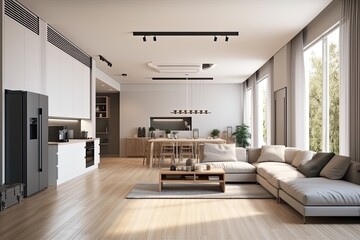 Fototapeta na wymiar cozy living room with modern furniture and entertainment center. Generative AI