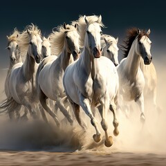 Naklejka na ściany i meble Horse herd run in desert sand storm against dramatic sky. Generative ai
