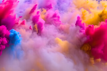 Fototapeta premium Explosion of colored powder abstract colored background. Multicolor splash of particles festival of colors powder burst exploding and splashing powder. Holy festival. Generative AI.