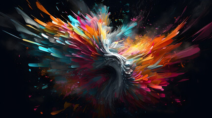 An abstract image of vibrant paint splashes against a dark backdrop, AI Generated