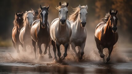 Horse herd run in desert sand storm against dramatic sky. Generative ai