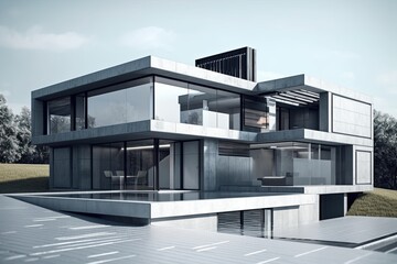 contemporary home with a sleek pool in the foreground. Generative AI