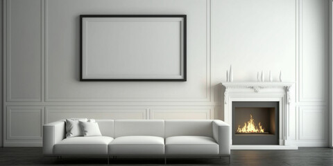 Obraz na płótnie Canvas white couch with picture frame and fireplace in room. generative ai.