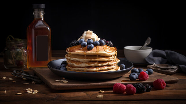 Stack of vegan pancakes on a rustic table. Healthy diet nutrition concept