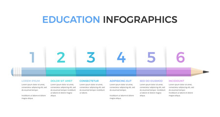 Pencil divided on six parts with place for numbers and text, education infographics template