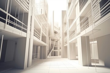 Illustration of an empty hallway with balconies in a modern building. Generative AI