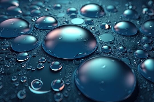 Illustration of water droplets on a black background, creating a reflective and textured surface. Generative AI