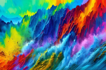 Water color or oil painting fine art illustration of abstract colorful panoramic mountain and nature print digital art. Generative AI.