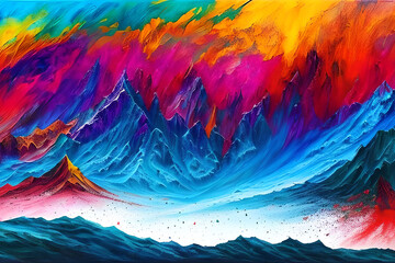 Water color or oil painting fine art illustration of abstract colorful panoramic mountain and nature print digital art. Generative AI.