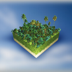 3D abstract landscape with a palm tree cube