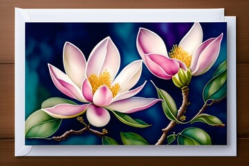 Graphic representation of Magnolia Blossom Watercolor Greeting Card. Generative AI. 