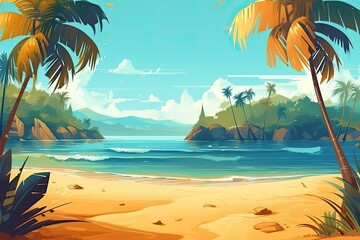 Fototapeta premium serene tropical beach with palm trees swaying in the breeze. Generative AI