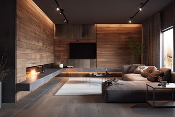 Fototapeta premium cozy living room with a modern couch, coffee table, and flat screen TV. Generative AI