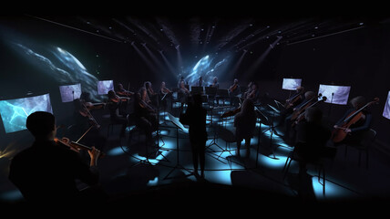Virtual Symphony: Ethereal Hologram Center with Stunning RTX Visuals and Cinematic Lighting for Concert Concept Art - obrazy, fototapety, plakaty