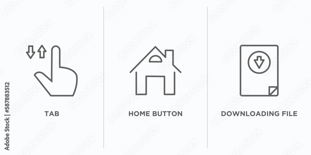 Poster web outline icons set. thin line icons such as tab, home button, downloading file vector. linear ico