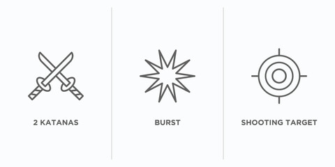 weapons outline icons set. thin line icons such as 2 katanas, burst, shooting target vector. linear icon sheet can be used web and mobile © IconArt