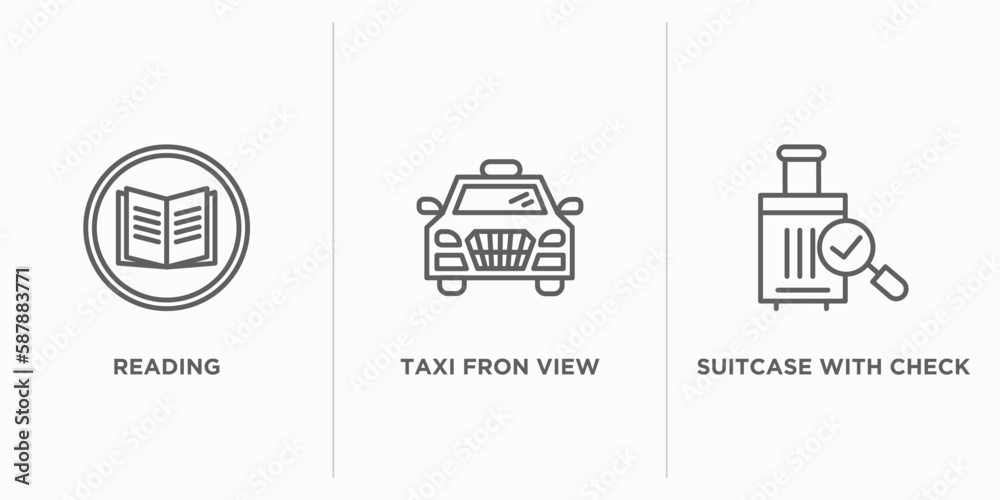Poster ultimate glyphicons outline icons set. thin line icons such as reading, taxi fron view, suitcase wit