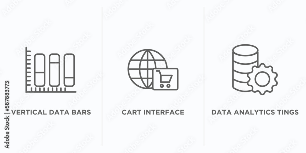 Poster user interface outline icons set. thin line icons such as vertical data bars, cart interface, data a