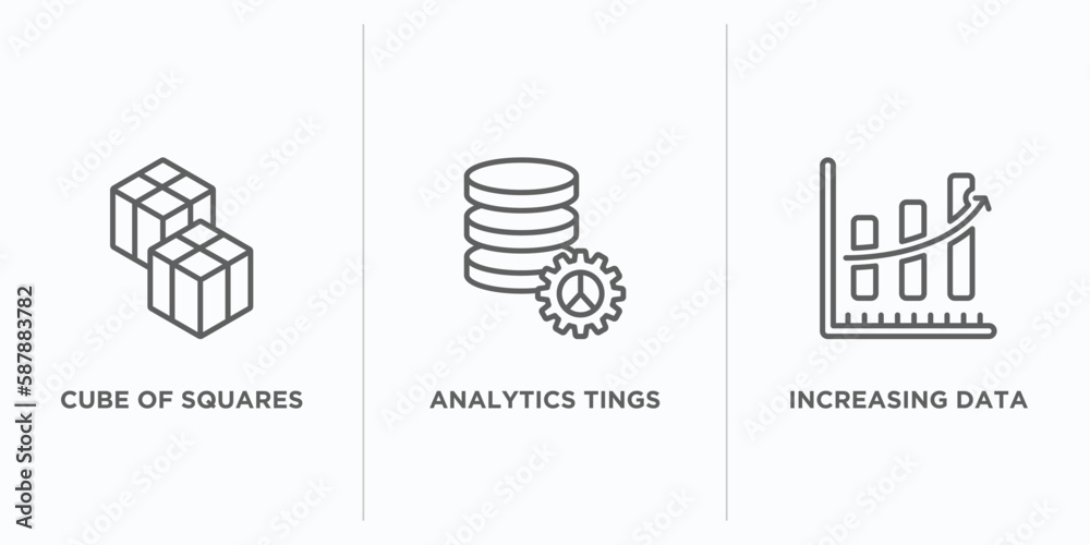 Poster user interface outline icons set. thin line icons such as cube of squares, analytics tings, increasi