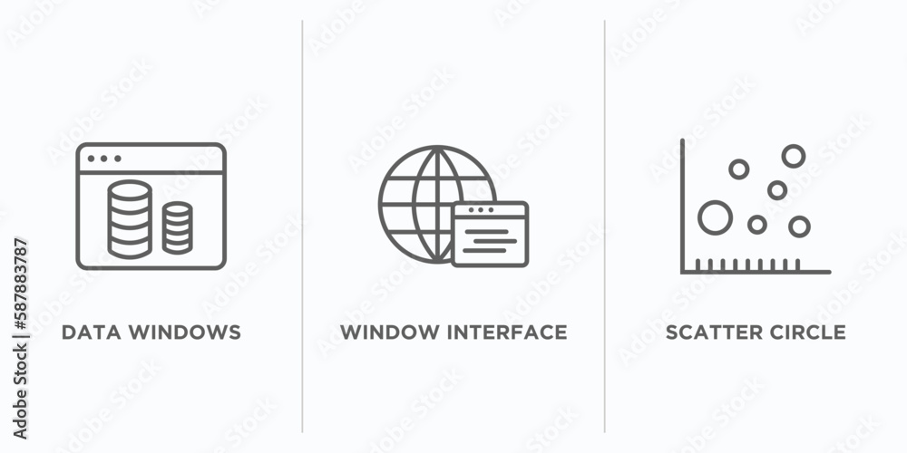 Poster user interface outline icons set. thin line icons such as data windows, window interface, scatter ci