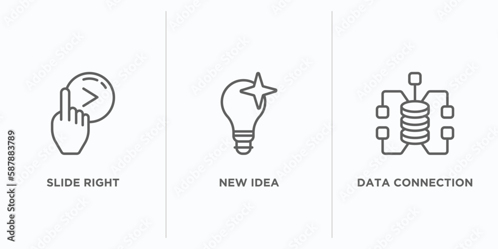Poster user interface outline icons set. thin line icons such as slide right, new idea, data connection vec
