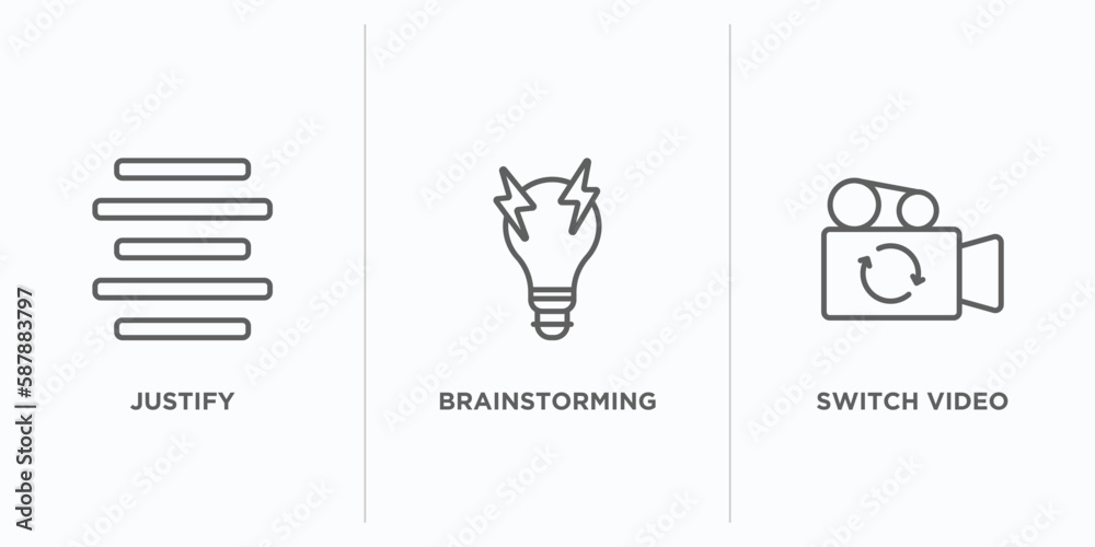 Poster user interface outline icons set. thin line icons such as justify, brainstorming, switch video vecto
