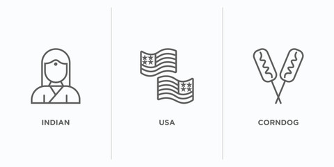united states of america outline icons set. thin line icons such as indian, usa, corndog vector. linear icon sheet can be used web and mobile