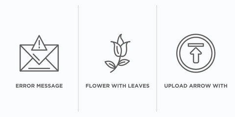 ultimate glyphicons outline icons set. thin line icons such as error message, flower with leaves, upload arrow with bar vector. linear icon sheet can be used web and mobile