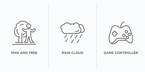 ultimate glyphicons outline icons set. thin line icons such as man and tree, rain cloud, game controller cross vector. linear icon sheet can be used web and mobile