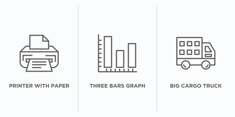 ultimate glyphicons outline icons set. thin line icons such as printer with paper, three bars graph, big cargo truck vector. linear icon sheet can be used web and mobile