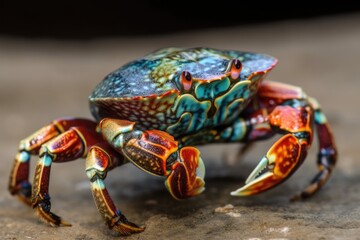 vibrant crab perched on a wooden surface. Generative AI