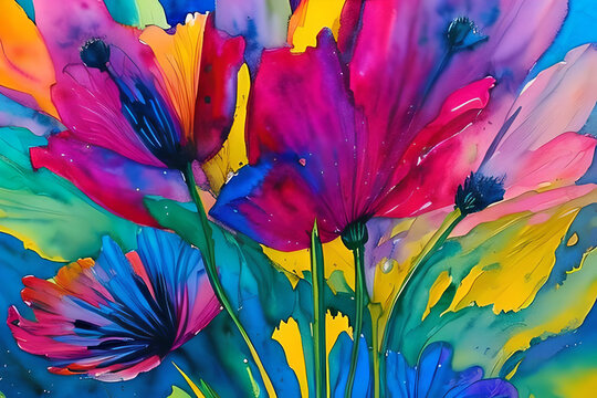 Water color or oil painting fine art illustration of abstract close up colorful nature and blooming floral. Flowers print digital art. Generative AI.
