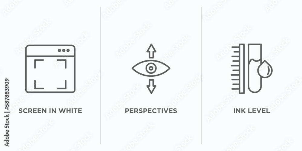 Poster user interface outline icons set. thin line icons such as screen in white, perspectives, ink level v