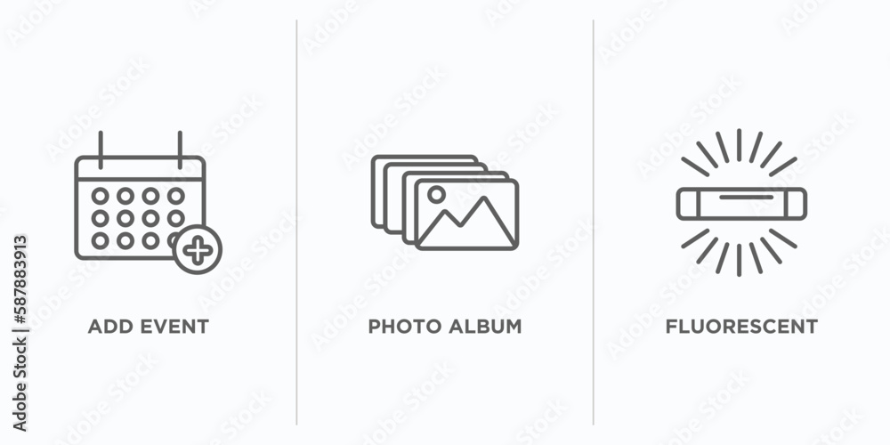 Poster user interface outline icons set. thin line icons such as add event, photo album, fluorescent vector
