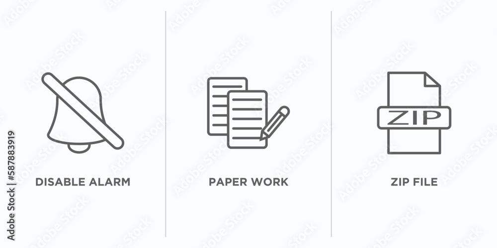 Poster user interface outline icons set. thin line icons such as disable alarm, paper work, zip file vector