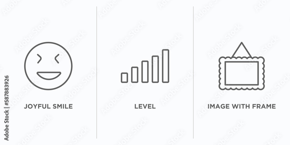 Poster user interface outline icons set. thin line icons such as joyful smile, level, image with frame vect